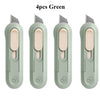 Four green deli mini pocket knives with light pink handles and silver blades.
