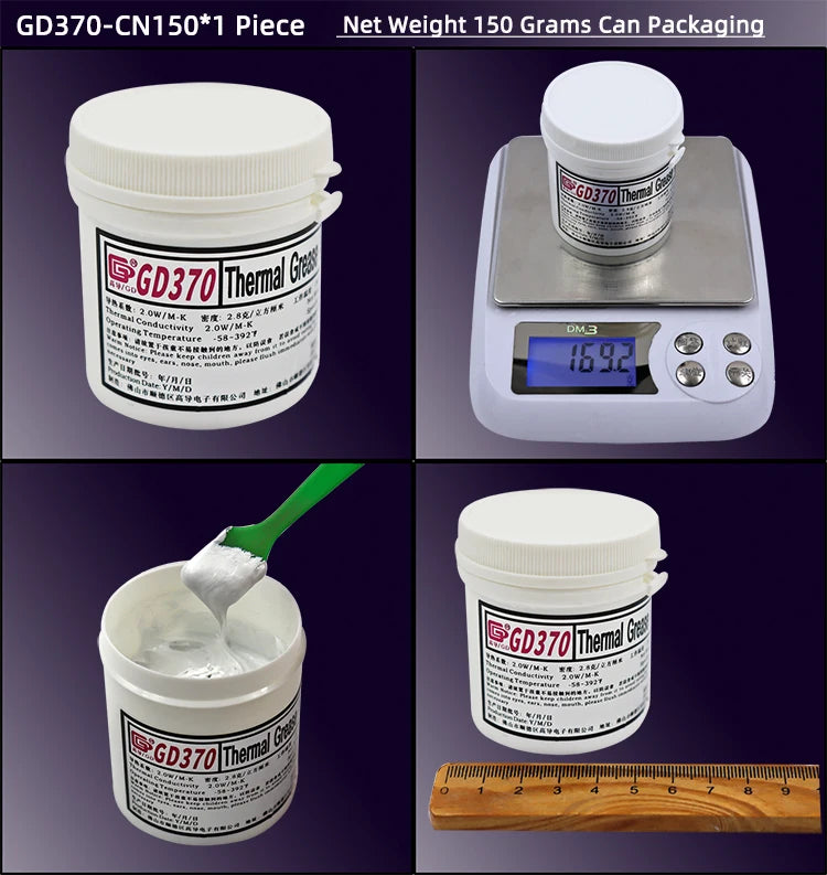 A package of GD370 Thermal Grease paste next to a digital scale showing the weight and a measuring ruler.