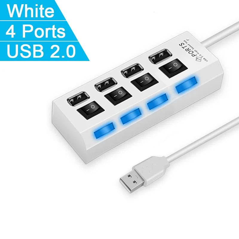 White 4 Ports USB 2.0 hub with a cable connector.