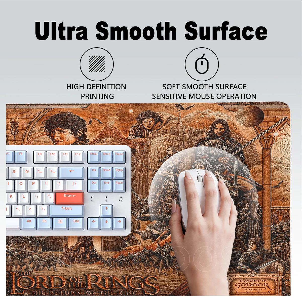 A gaming mouse pad featuring a Lord of the Rings theme with a high-definition printing and a soft smooth surface.