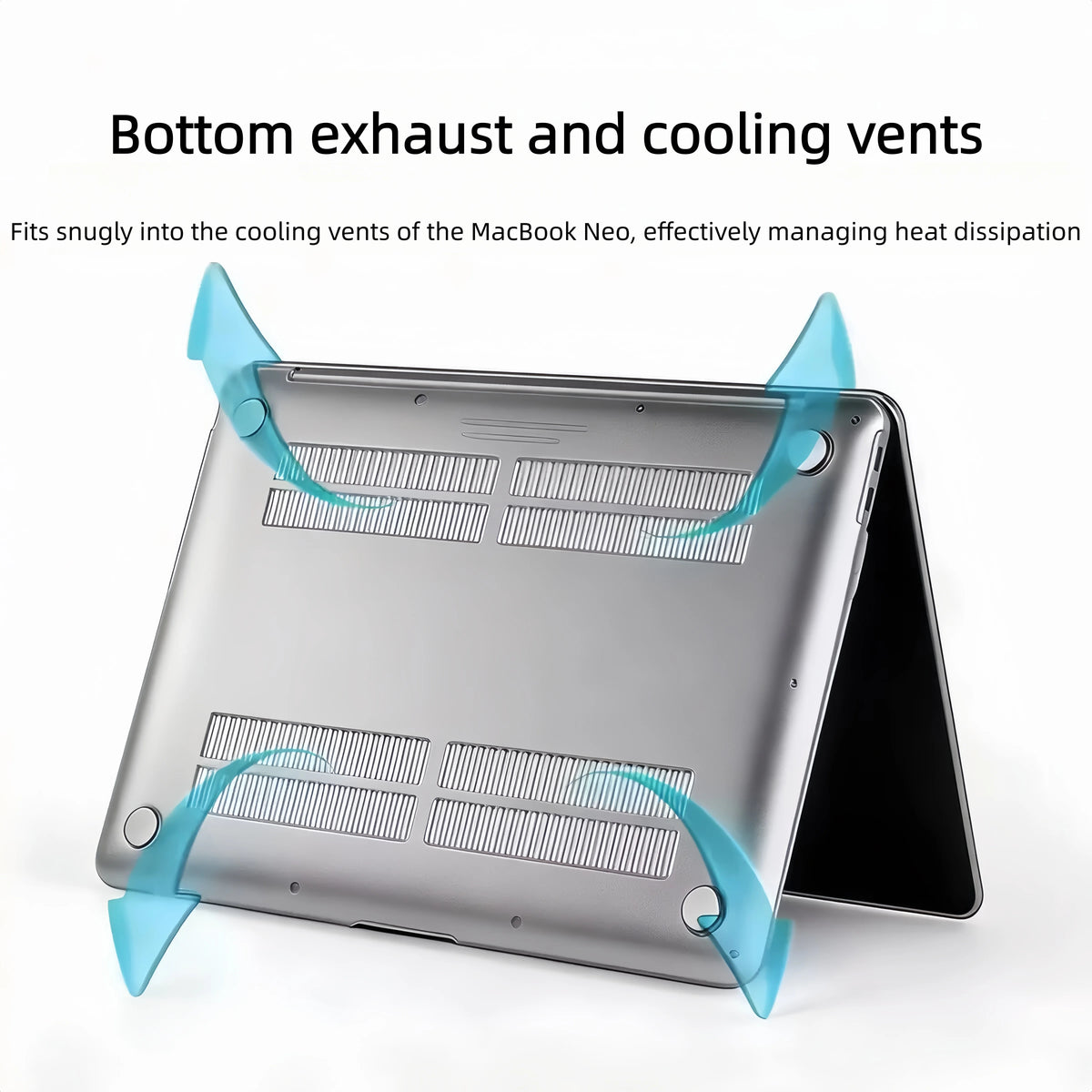 Una MacBook Neo plateada con ventilaciones de plástico azul instaladas para disipar el calor.