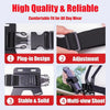 Black adjustable head and chest mount for action cameras and phones shown with various features.