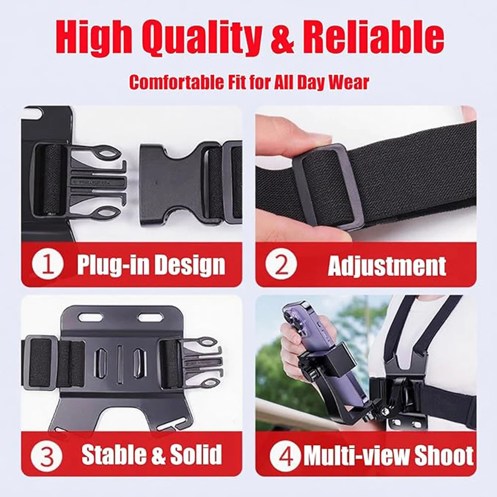 Black adjustable head and chest mount for action cameras and phones shown with various features.