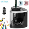 A black electric pencil sharpener with a clear cylinder and a green shaft is shown next to various pencils.