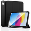 A black universal protective case for an iPad is shown, featuring a slim design and a stylus.