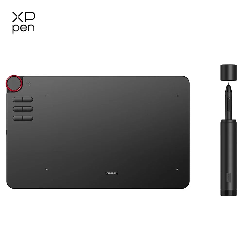 A black XP-Pen drawing tablet with a matte screen protector and a separate stylus pen.