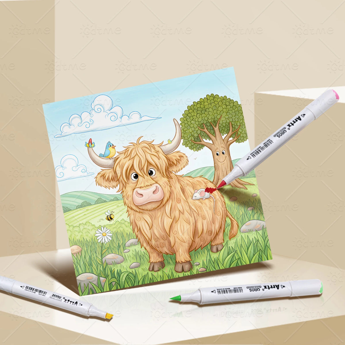 An adult coloring book featuring a cartoon cow illustration for stress relief.