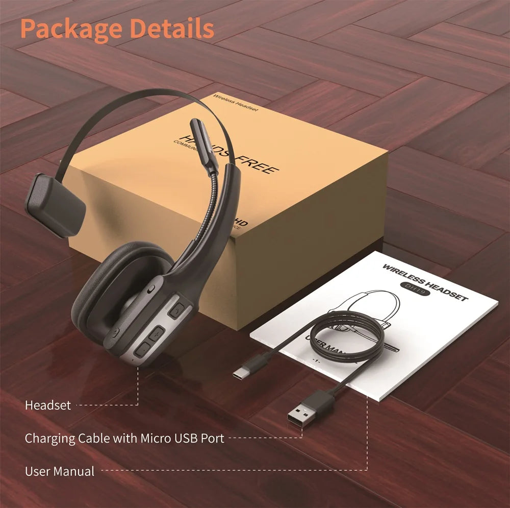 A box containing a wireless headset, a charging cable with a micro USB port, and a user manual on a wooden surface.