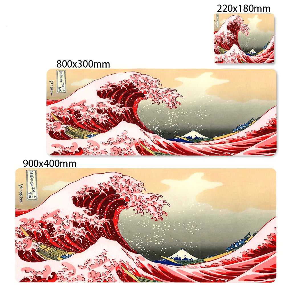 Extra-large mouse pad featuring a detailed illustration of The Great Wave of Kanagawa in red and white tones.