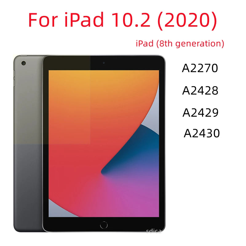 A tempered glass screen protector for an iPad 10.2 (2020) tablet displaying various model numbers.