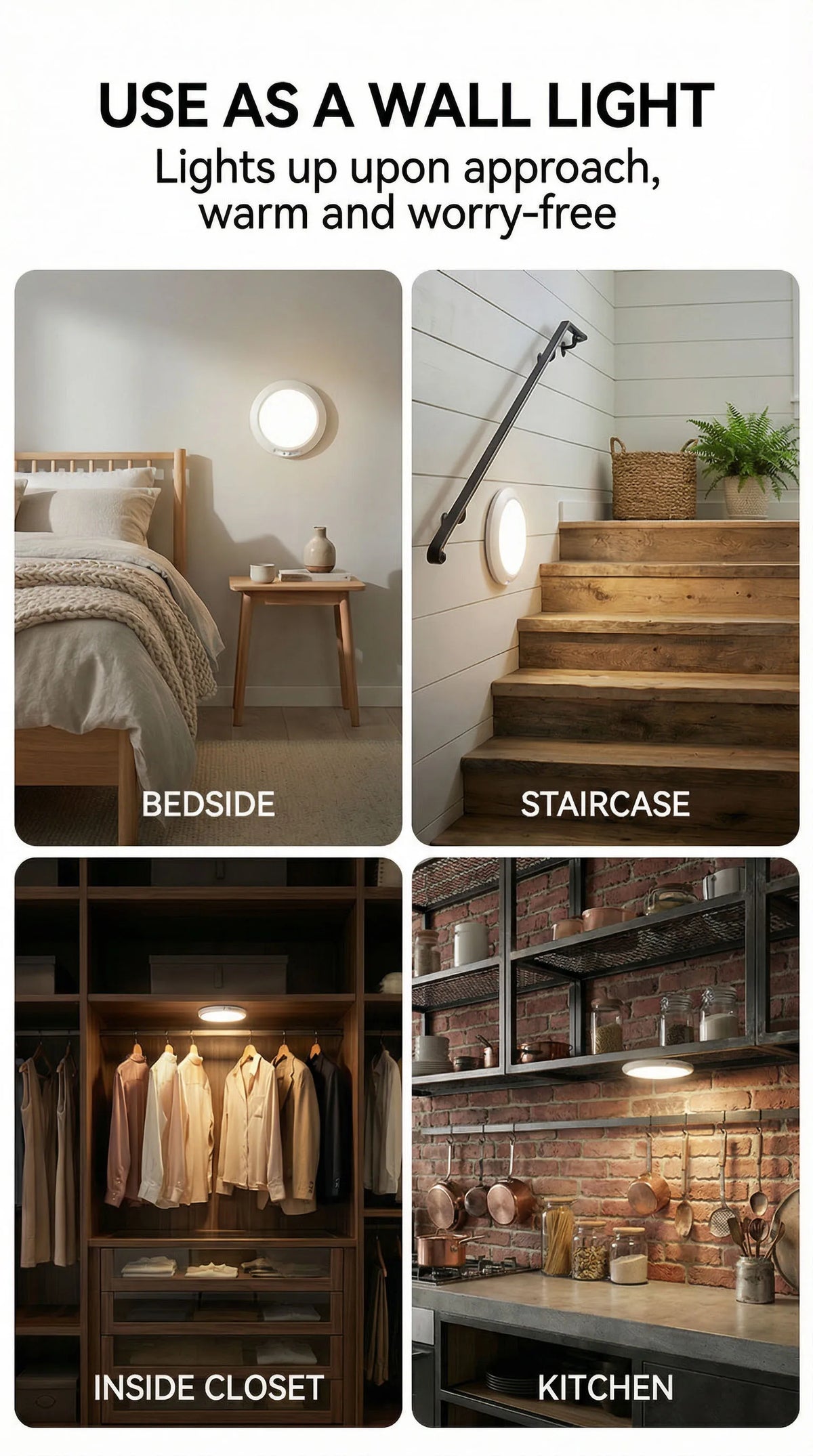 A motion sensor magnetic LED night light is shown in various contexts: bedside, staircase, inside a closet, and kitchen.
