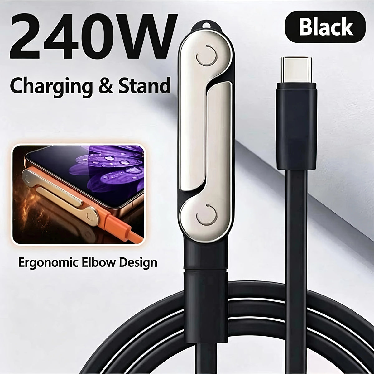 Black 240W Charging & Stand adapter with ergonomic elbow design for fast charging smartphones