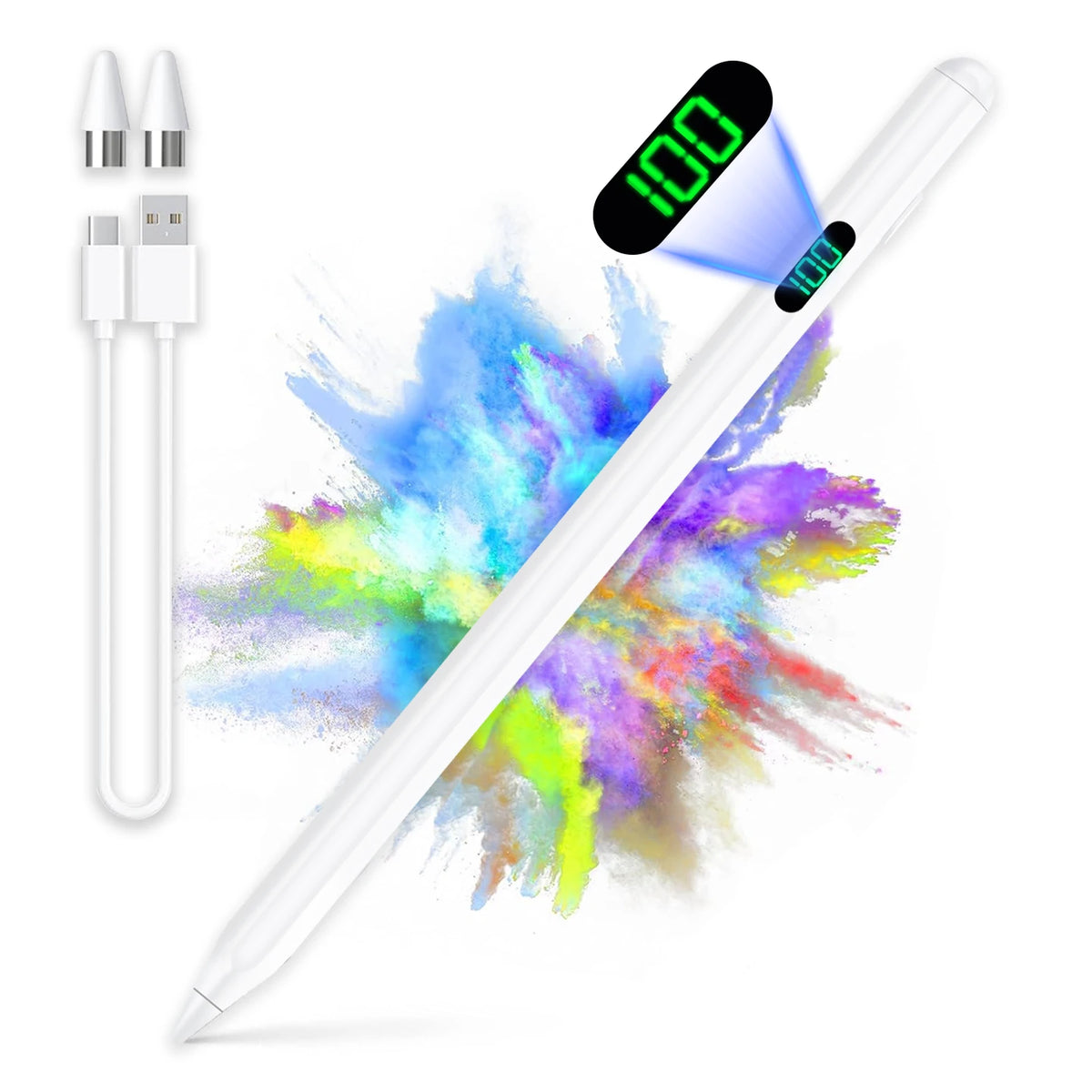 A white magnetic tilt stylus pen is shown with a glowing green light, demonstrating its functionality for Android devices.