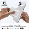 A hand holds a smartphone with a magnetic attachment ring, demonstrating a hands-free connection feature.