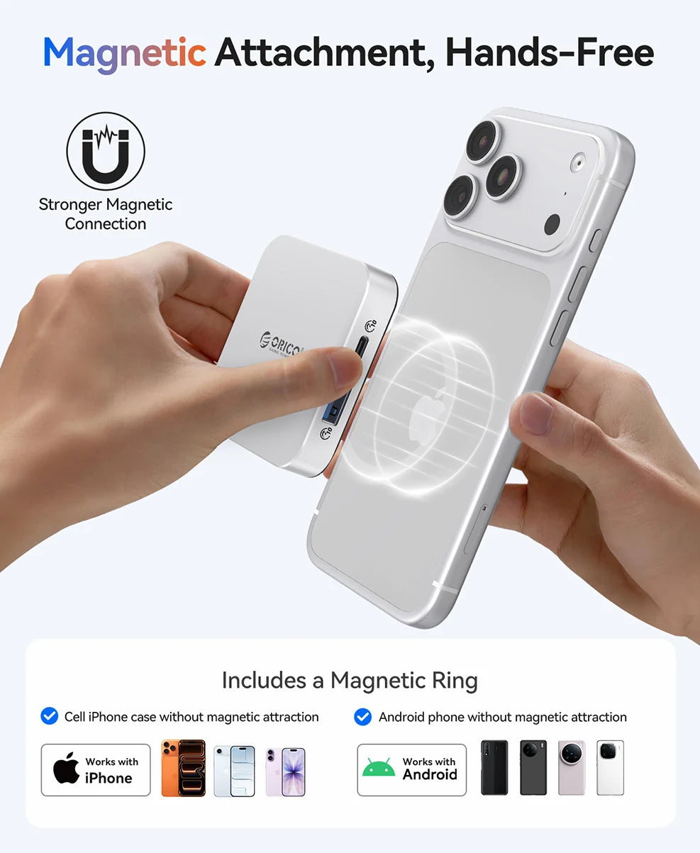 A hand holds a smartphone with a magnetic attachment ring, demonstrating a hands-free connection feature.