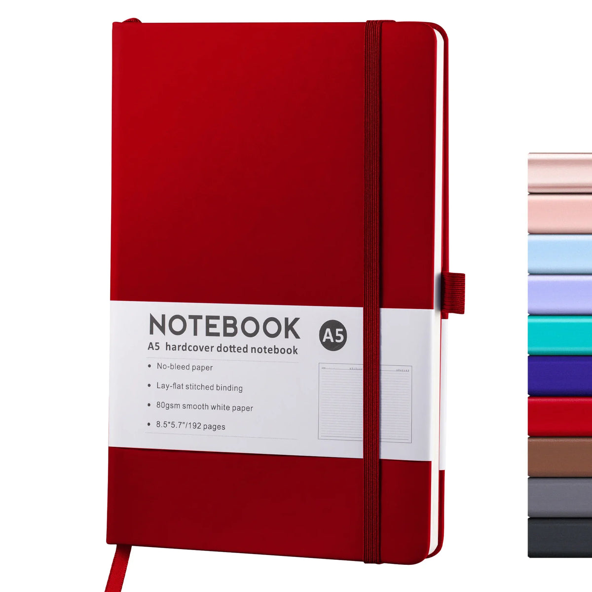 A red hardcover notebook with a black spine and white label showing specifications.