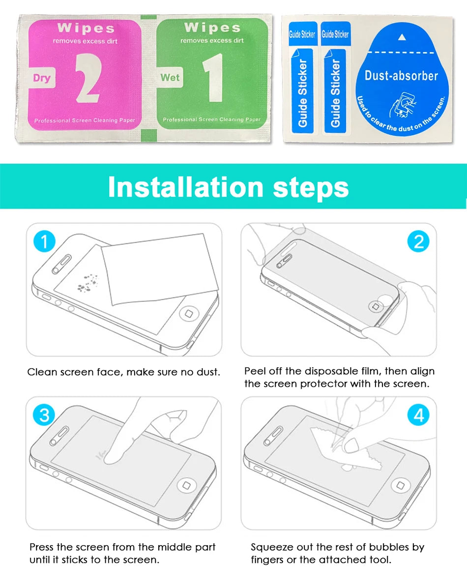 Installation steps for a 2 pack of Wipes used to clean and install a Tempered Glass Screen Protector for iPad Air 11
