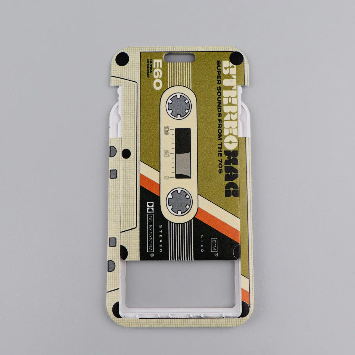 A vintage cassette tape lanyard with an E60 ID badge holder featuring olive green and beige colors.