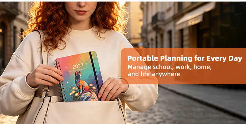 A woman holds an orange A5 spiral bound planner with monthly tabs in a light-colored tote bag.