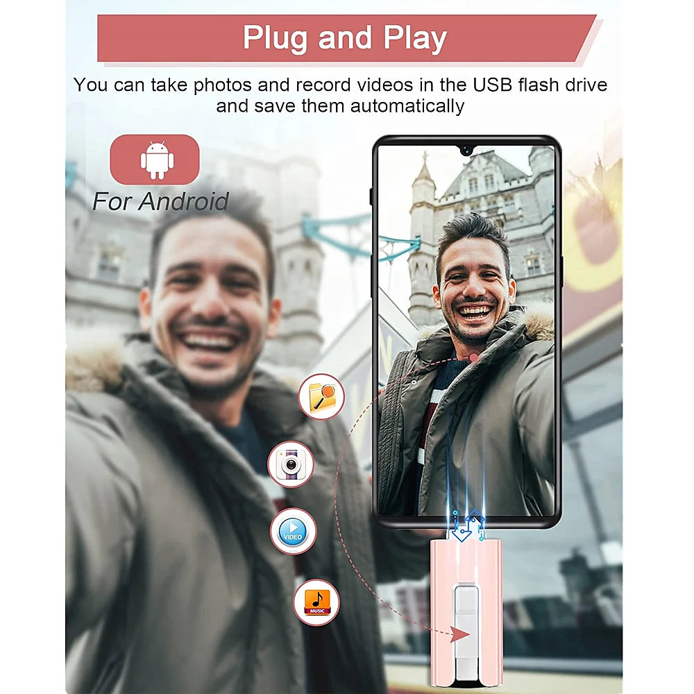 A man is shown using a plug and play device to take photos and record videos onto a USB flash drive.