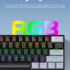 A close-up of a compact wired mechanical gaming keyboard with RGB lighting and various function keys.