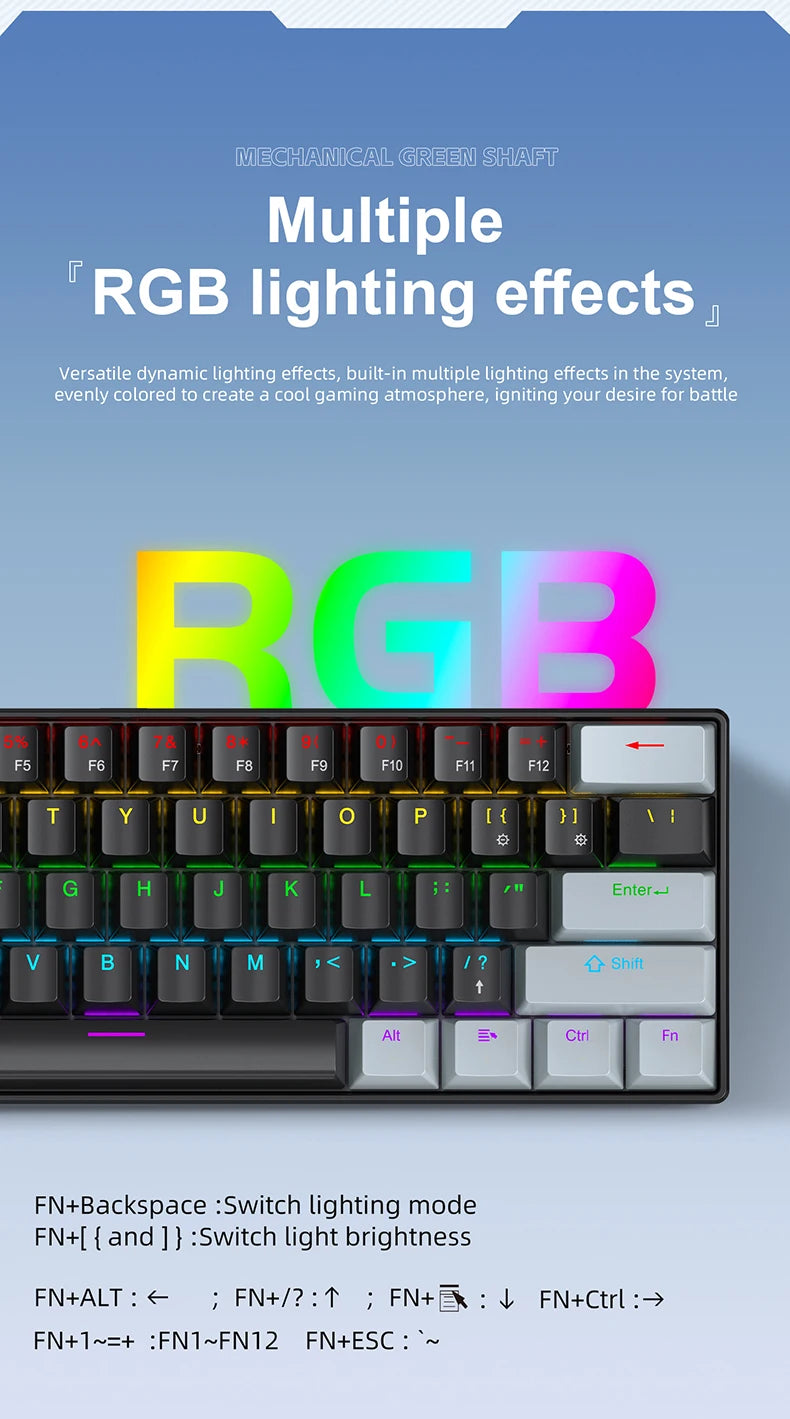 A close-up of a compact wired mechanical gaming keyboard with RGB lighting and various function keys.