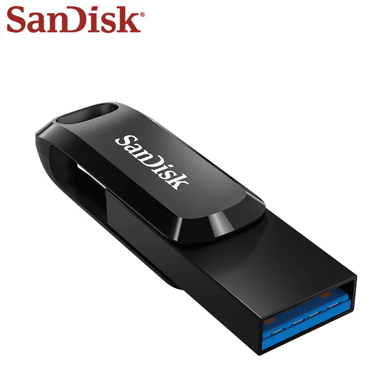 Black SanDisk Ultra Dual Drive flash drive with USB Type-C and Type-A connectors.