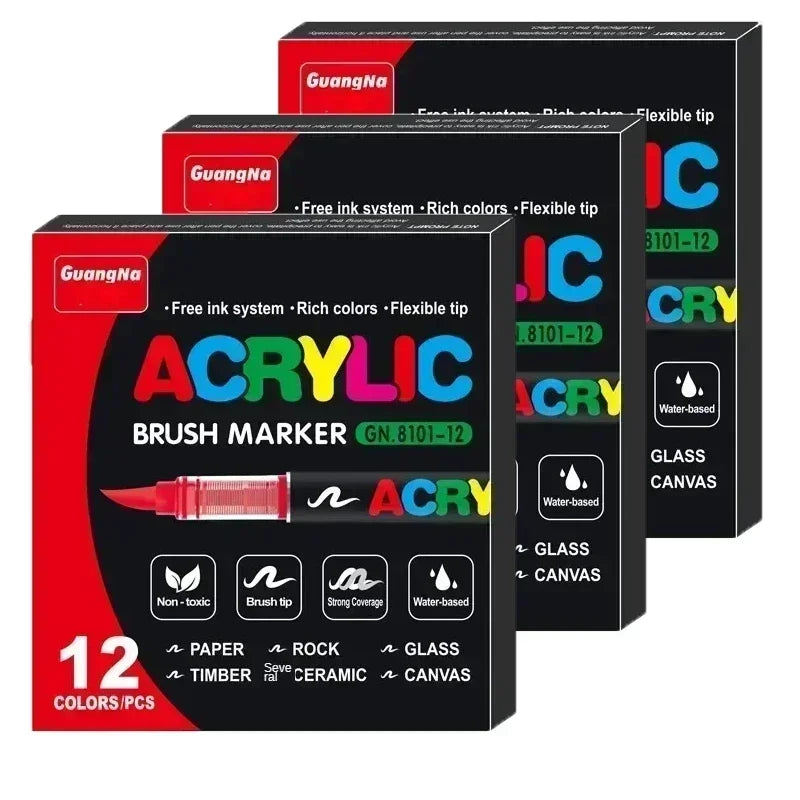 A set of 12 acrylic brush markers in various colors and tips for art and crafting