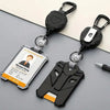 A black tactical ID badge holder keychain with a clear plastic card and metal ring attached.