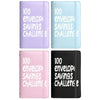 Three versions of a budget binder for a 100-day savings challenge with purple, light blue, and pink covers.