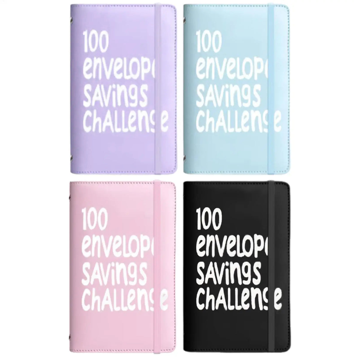Three versions of a budget binder for a 100-day savings challenge with purple, light blue, and pink covers.