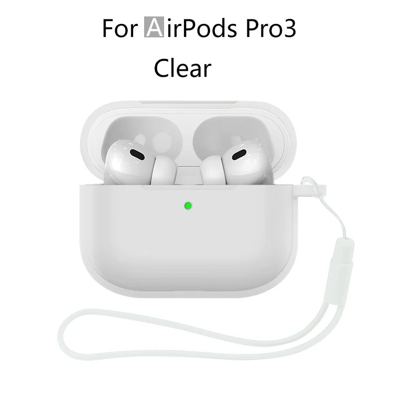 Clear protective case for AirPods Pro 3 showing the charging case and cable.