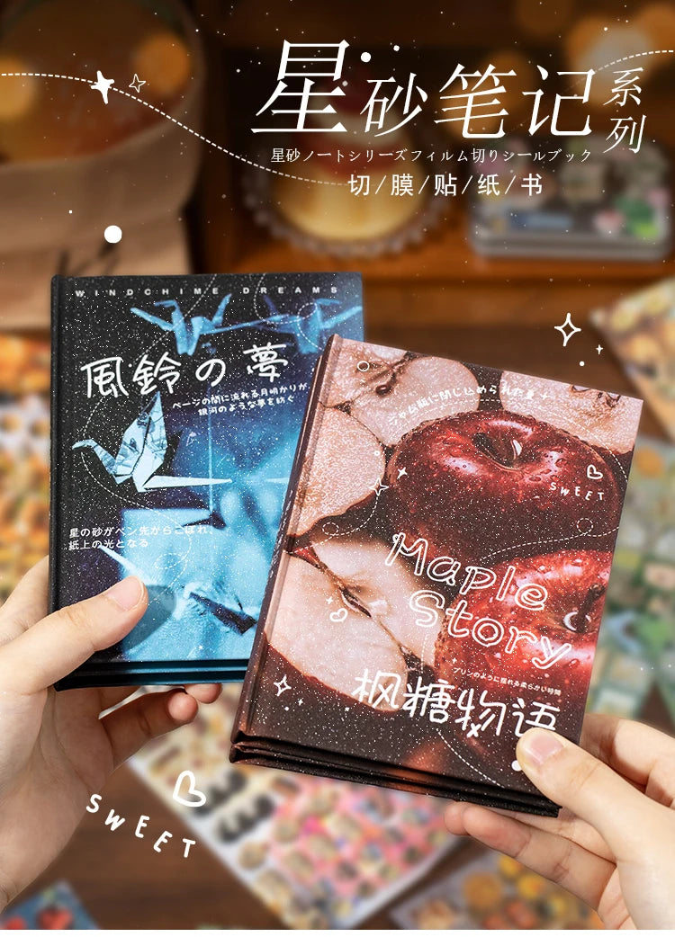 A close-up of a notebook titled Maple Story with pink and brown tones, held by a hand against a blurred background.