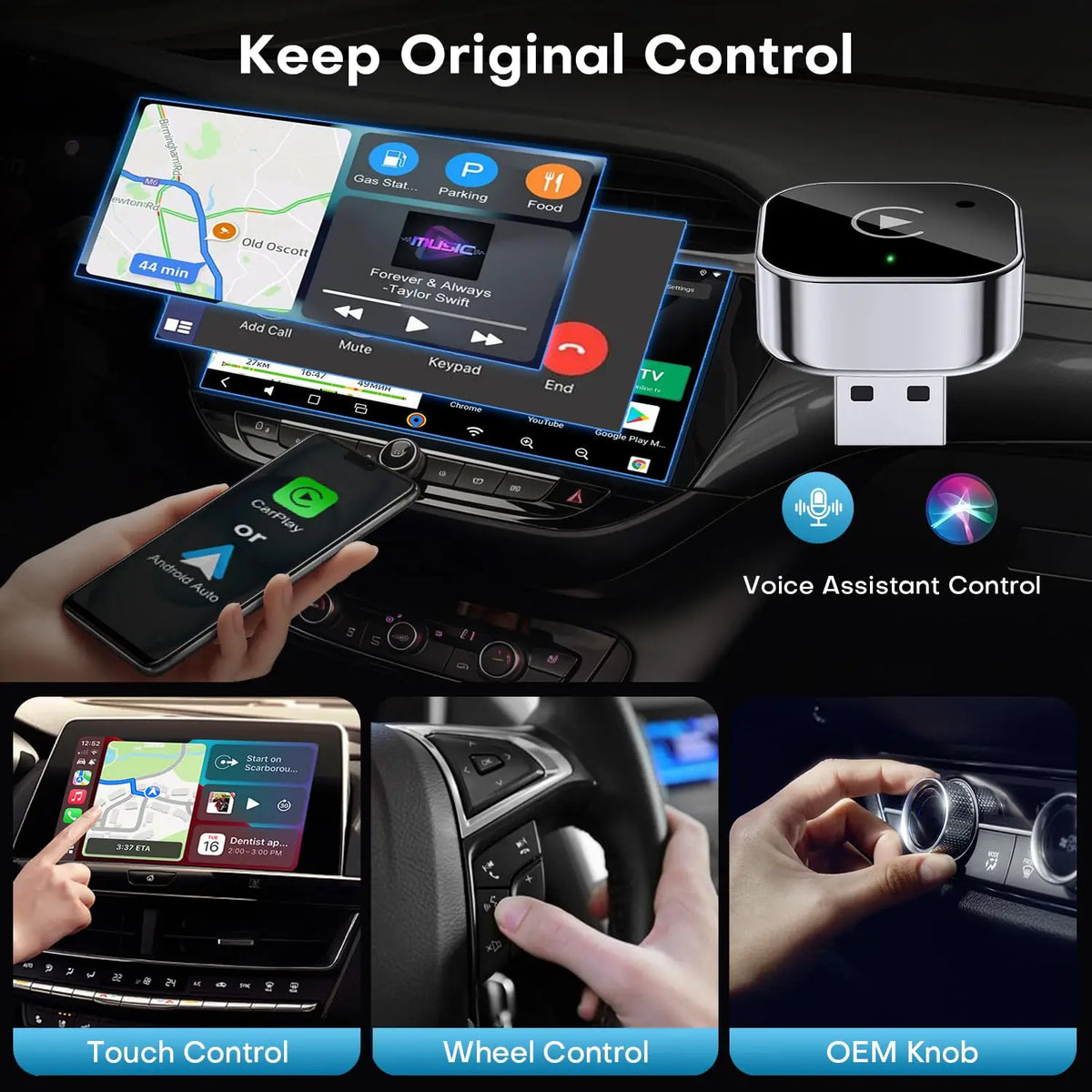 A display showing various control methods for a 2-in-1 Wireless CarPlay & Android Auto Adapter including touch, voice, and OE