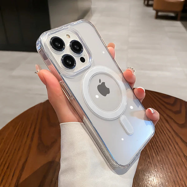 A hand holds a clear magnetic transparent phone case featuring an Apple logo and multiple camera lenses.