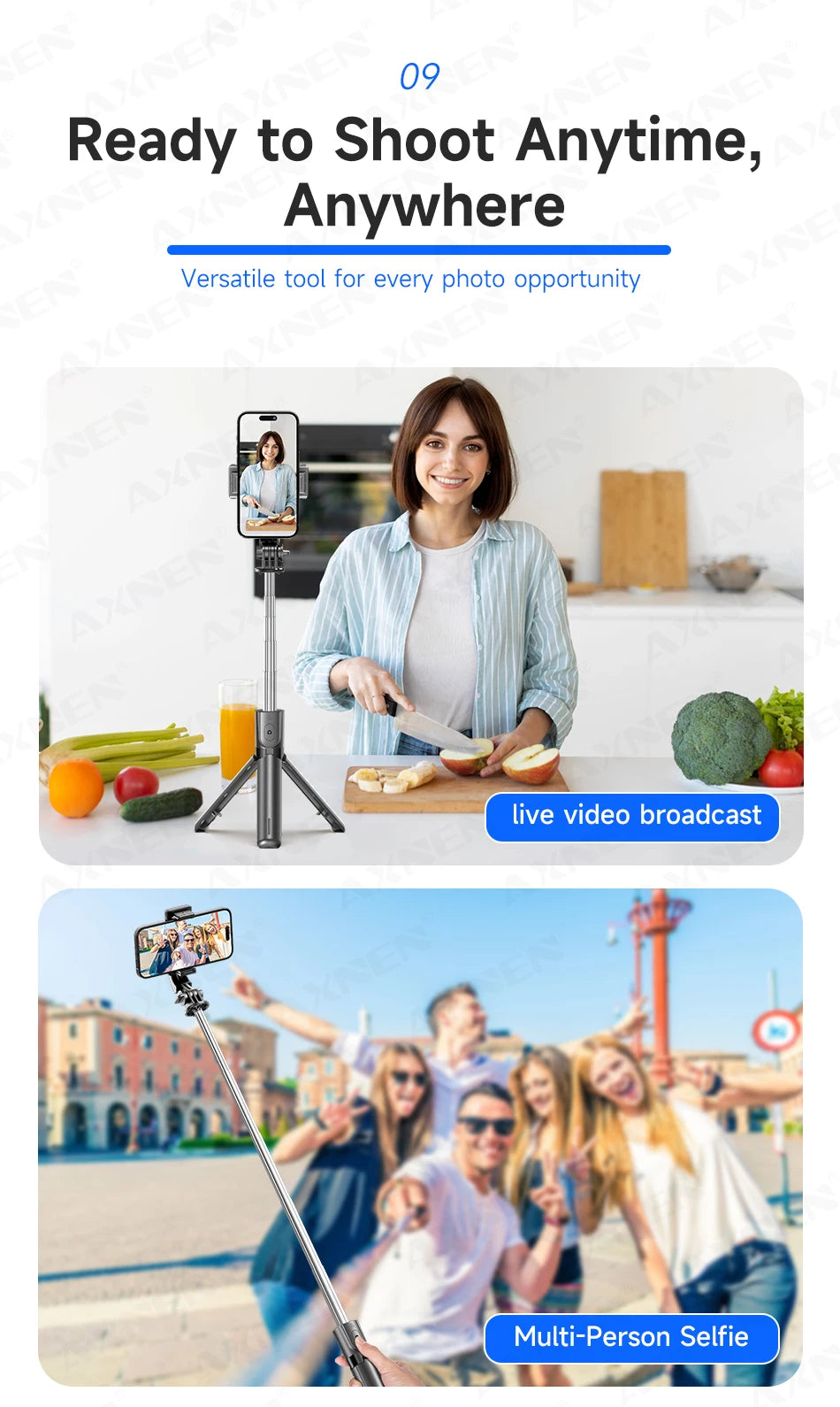 A woman is using a versatile selfie stick tripod to record a live video broadcast outdoors.