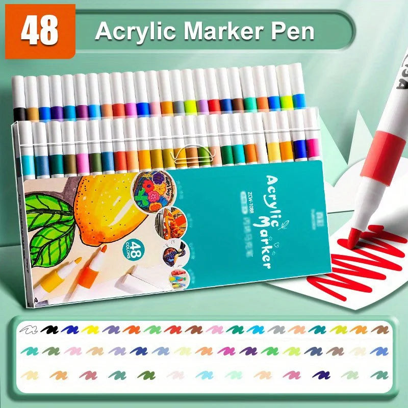 Ein Set von 48 Acrylmarker-Stiften in verschiedenen Farben, präsentiert in einer Kunststoffbox.