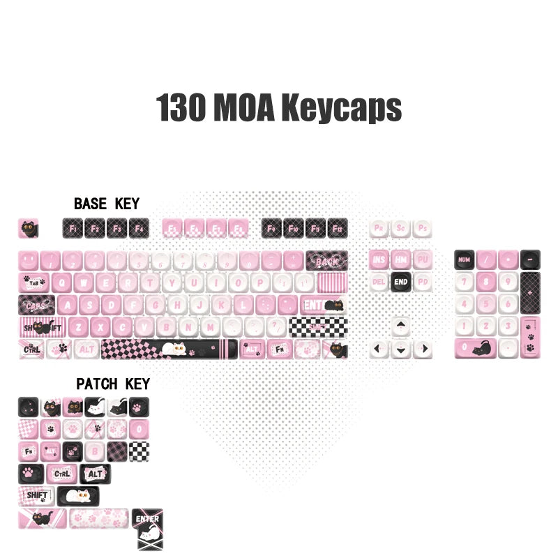 A collection of 130 MOA keycaps featuring various designs including cat prints and other themes for mechanical keyboards.