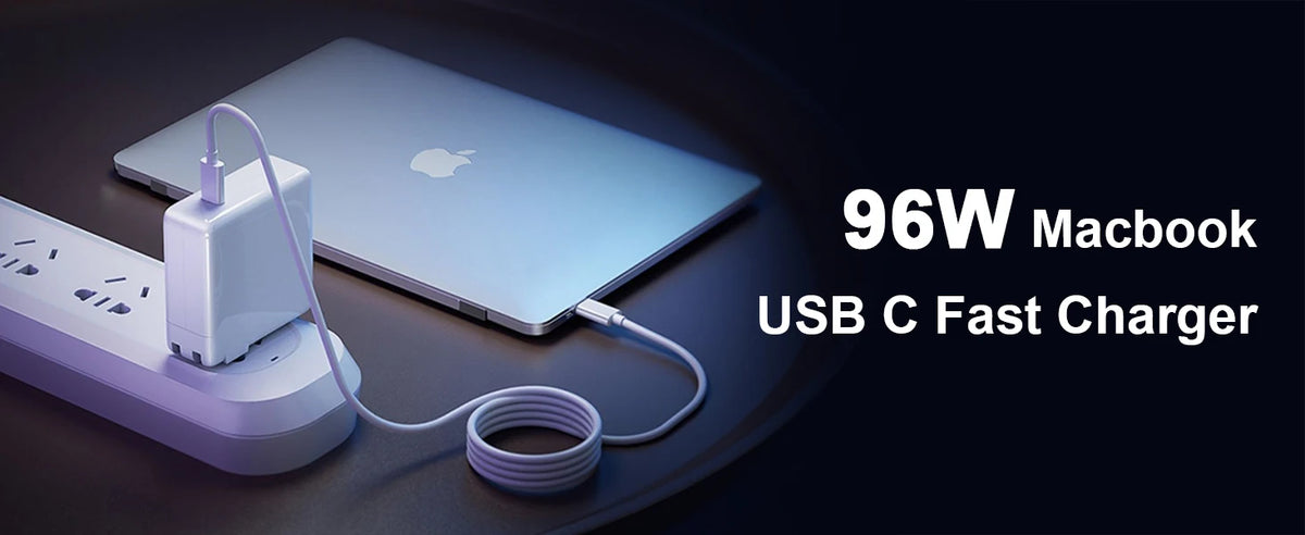 A white 96W MacBook USB C fast charger connected to a silver laptop.