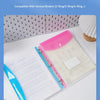 A close-up view of pink and blue plastic expanding file envelopes with snap buttons displayed on a white surface.
