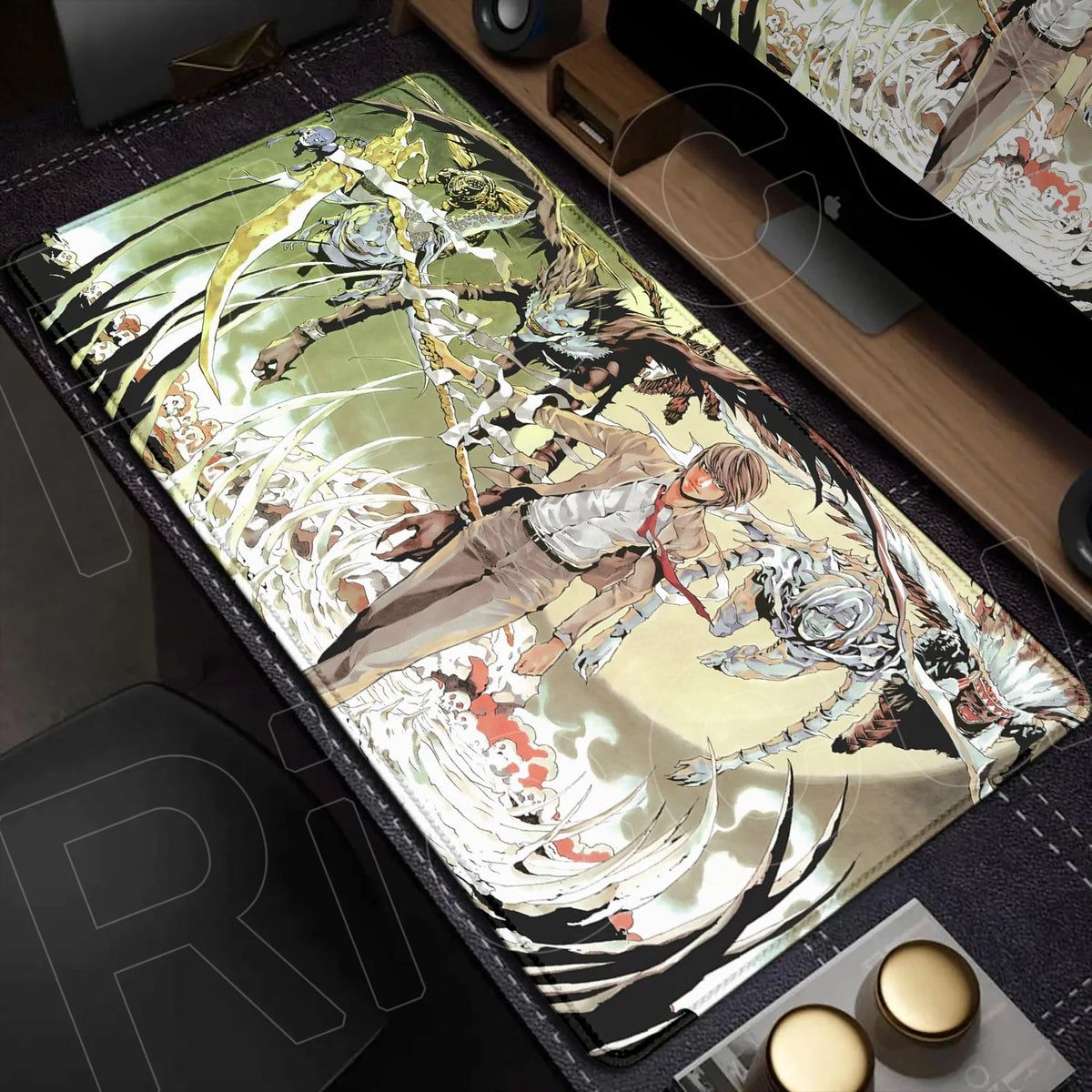 An oversized mouse pad featuring a dynamic illustration of a character from Death Note, set against a light background.
