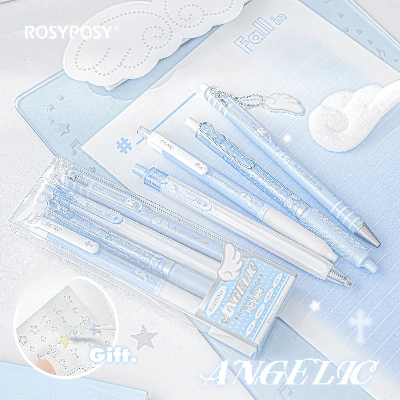 A set of four Angelic gel pens with light blue bodies and silver accents are displayed on a light blue background.