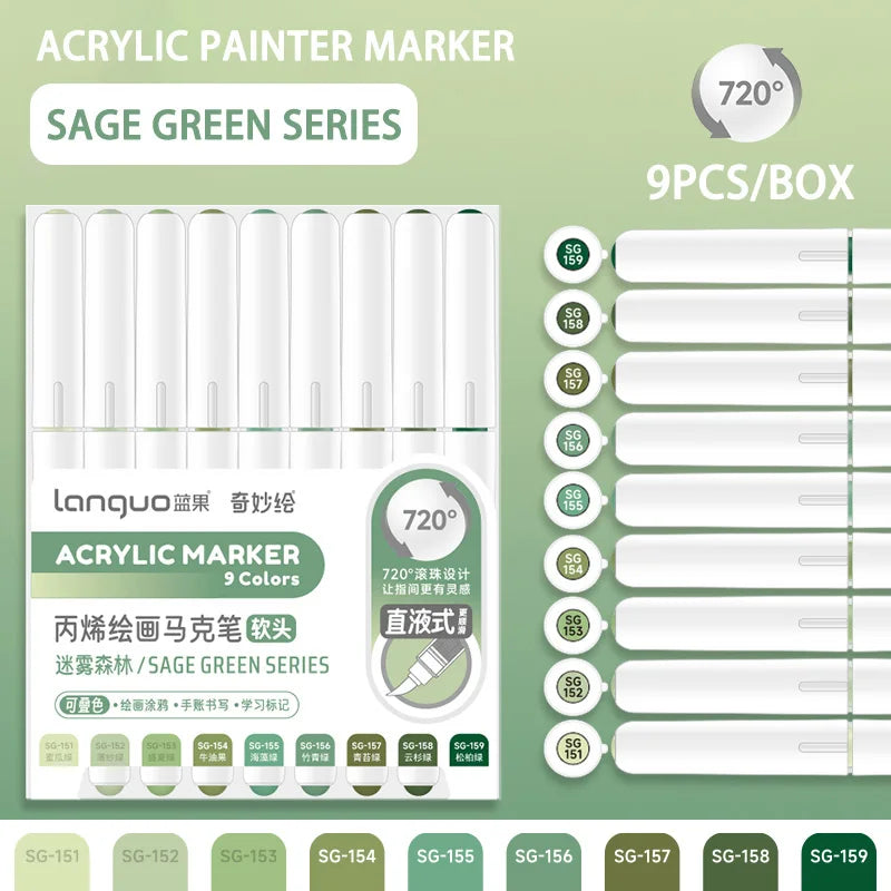 A box of 9 pieces of SAGE GREEN series acrylic paint markers with 720 degree tips for drawing and art