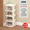 A white five-tier plastic shoe rack with multiple hangers displayed against a wall.