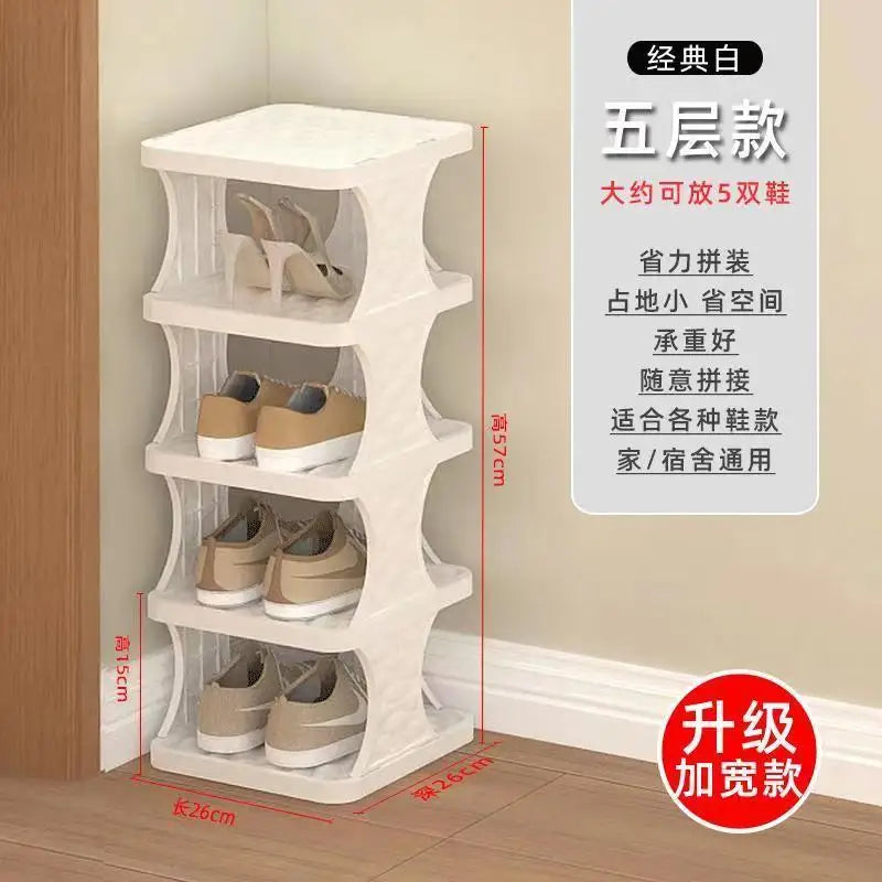 A white five-tier plastic shoe rack with multiple hangers displayed against a wall.