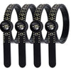 A set of five black precision ring sizers and gauge tools with numbered markings.