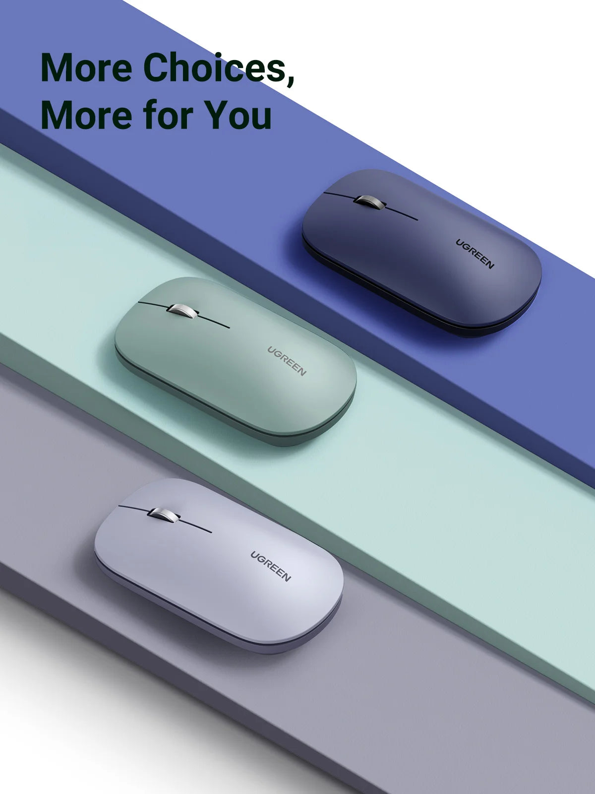 Three colored Ultra-Slim Wireless Bluetooth mice displayed on a gradient background.
