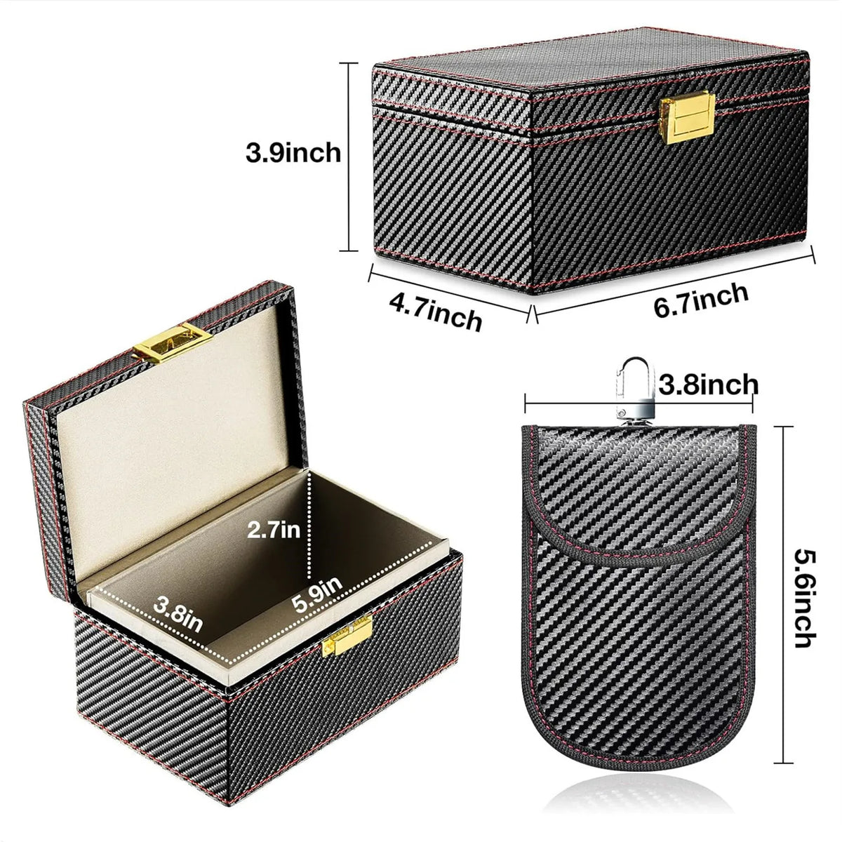 A black patterned leather case for an RFID blocking Faraday key fob protector with various dimensions shown.