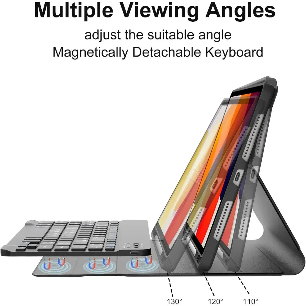 A magnetic detachable keyboard case for a tablet, showing multiple viewing angles and adjustment options.
