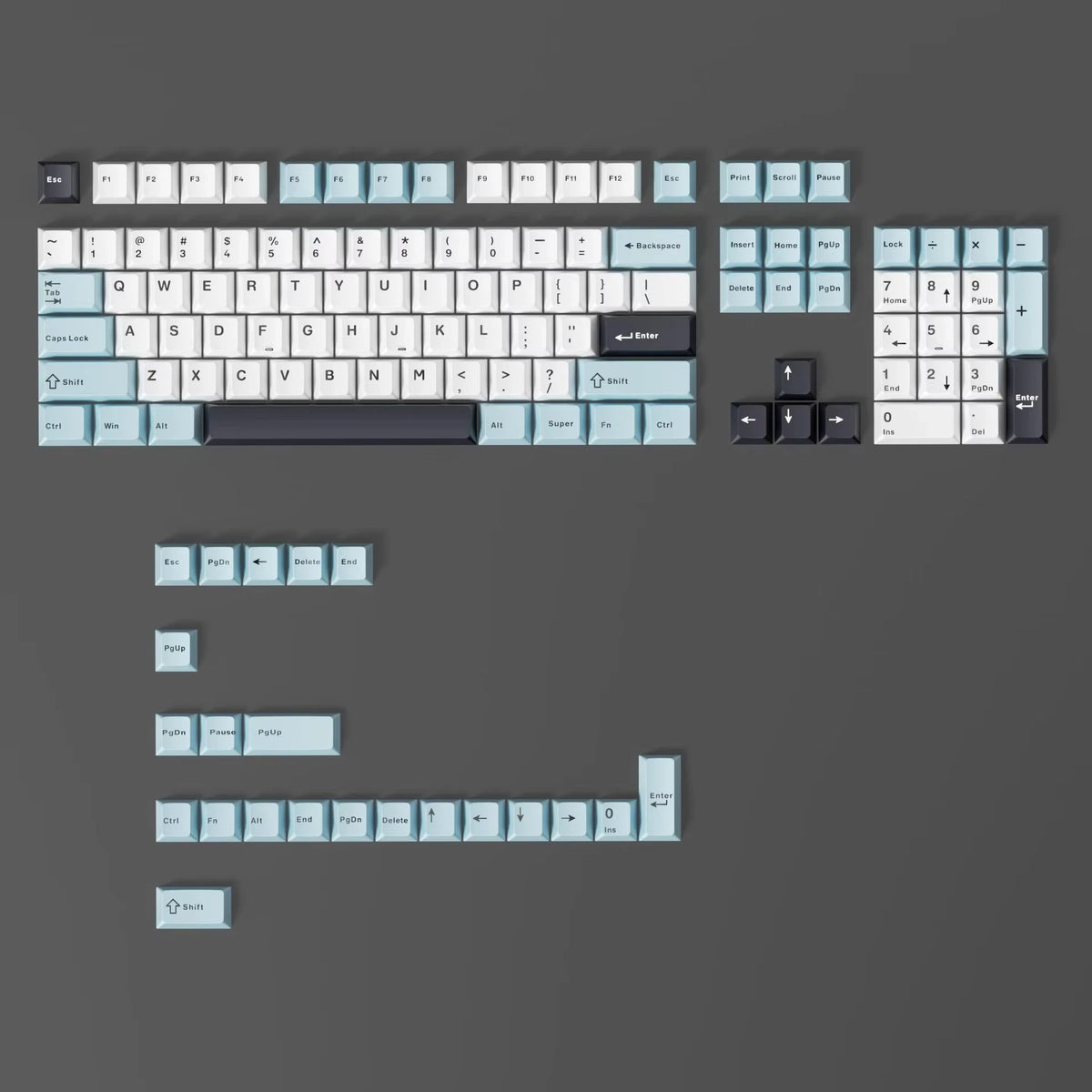 A close-up view of dark blue PBT keycaps with cherry profile for mechanical keyboards.